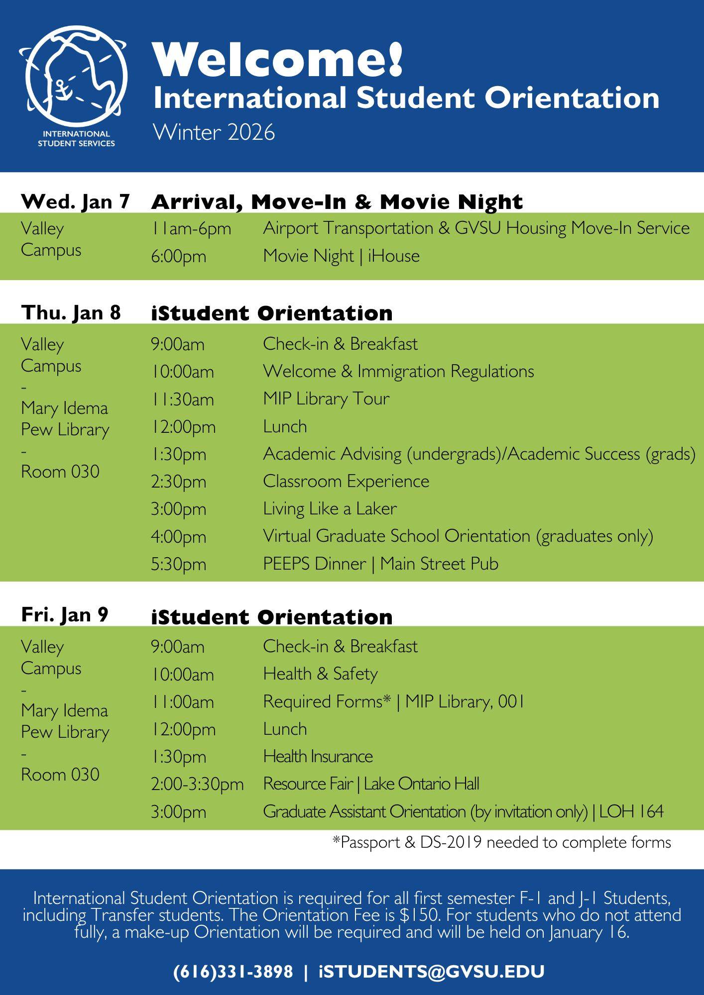 Orientation Schedule for International Students starting in Winter 2026 semester.